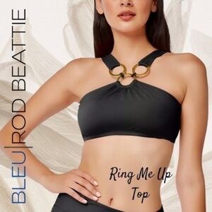 BLEU BY ROD BEATTIE Ring Me Up Halter Style 3-Gold-Ring Accent Bikini TOP NWT
